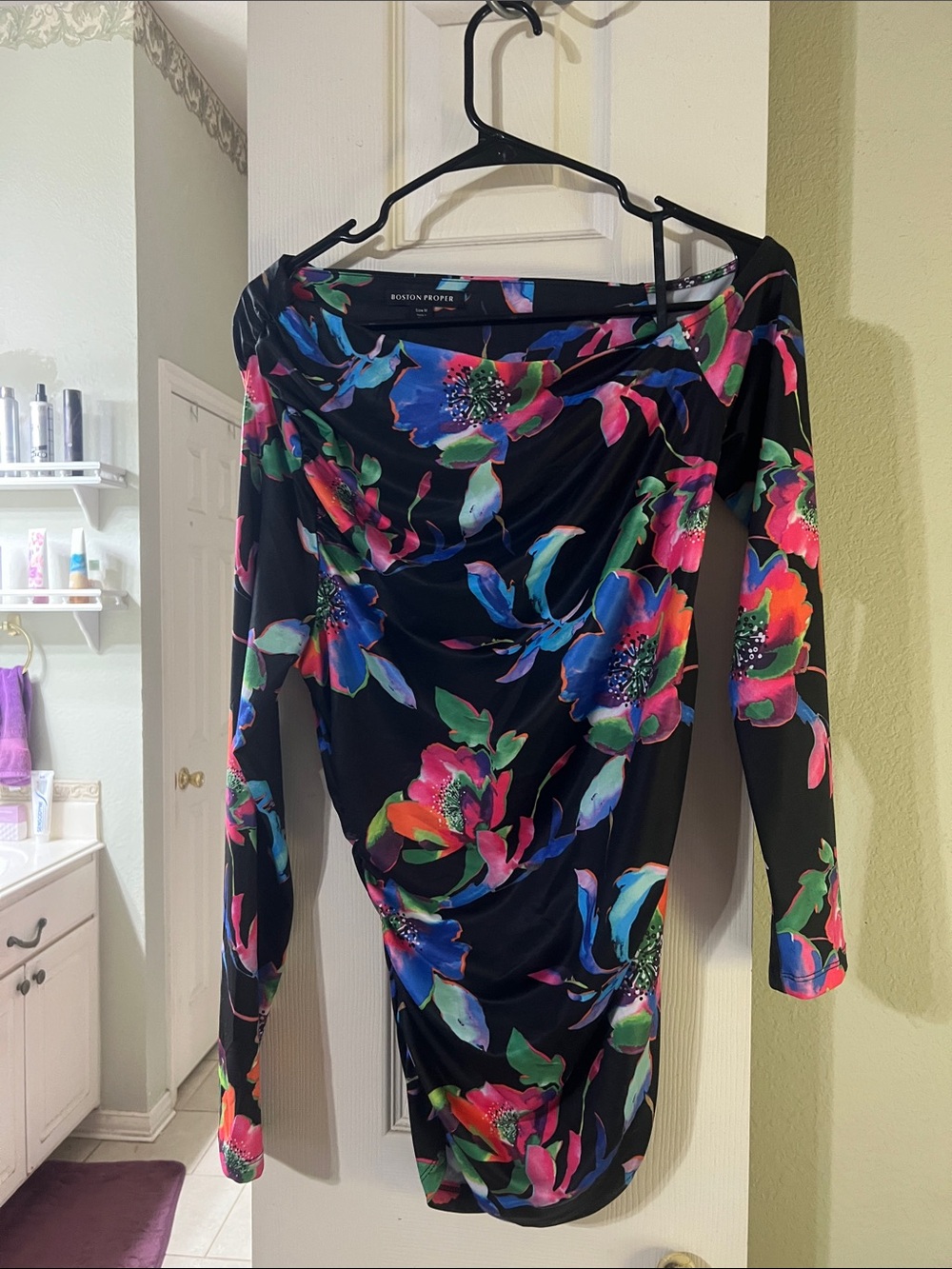 Boston Proper Black Floral Draped Long Sleeve Cocktail blouse